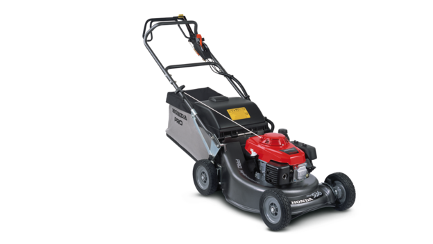 Tondeuse à gazon Honda, trois quarts face, tournée vers la droite.