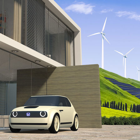 Vue de trois quarts avant de la Honda Urban EV Concept à énergie renouvelable.
