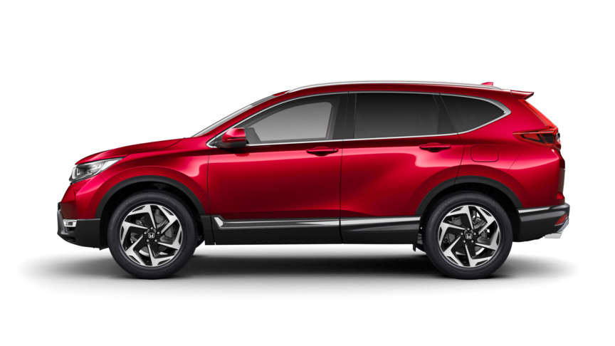 Vue latérale du Honda CR-V en rouge cristal premium métallisé.