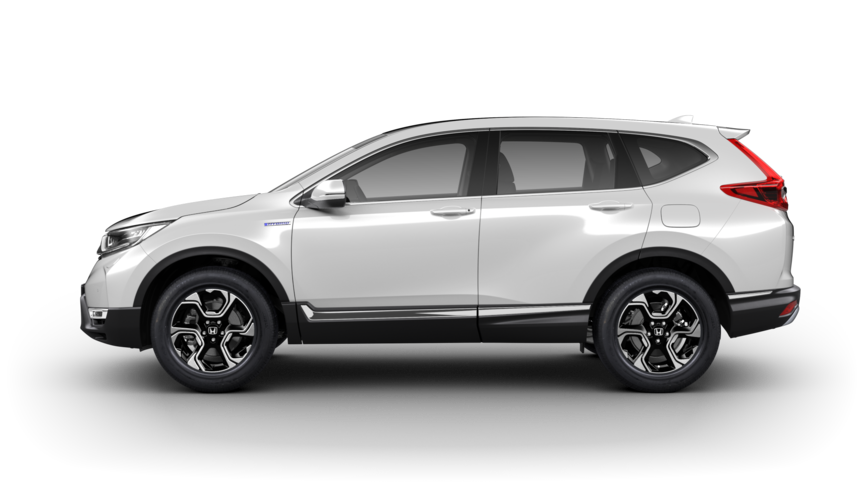 Vue latérale du Honda CR-V Hybrid en Blanc Platine Nacré.