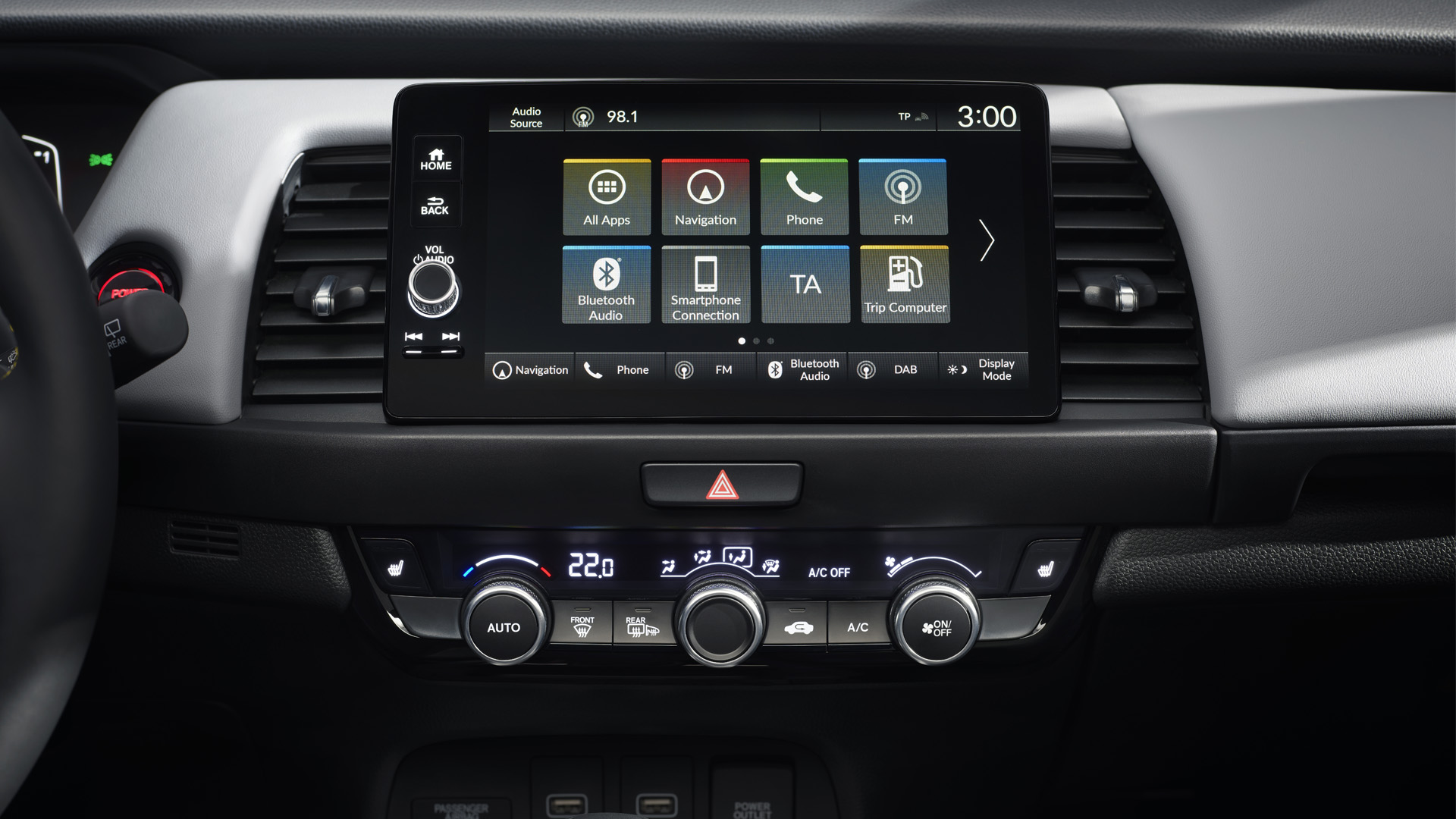 Close up of the infotainment screen in the Honda Jazz Hybrid.