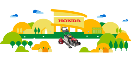 Illustration revendeur Honda, souffleur de feuilles et tondeuse à gazon.