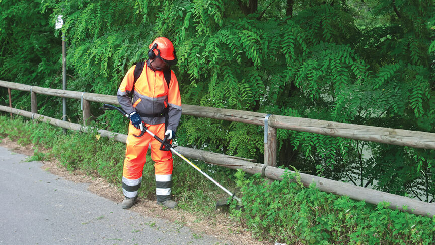 Débroussailleuse à dos en cours d'utilisation en forêt.