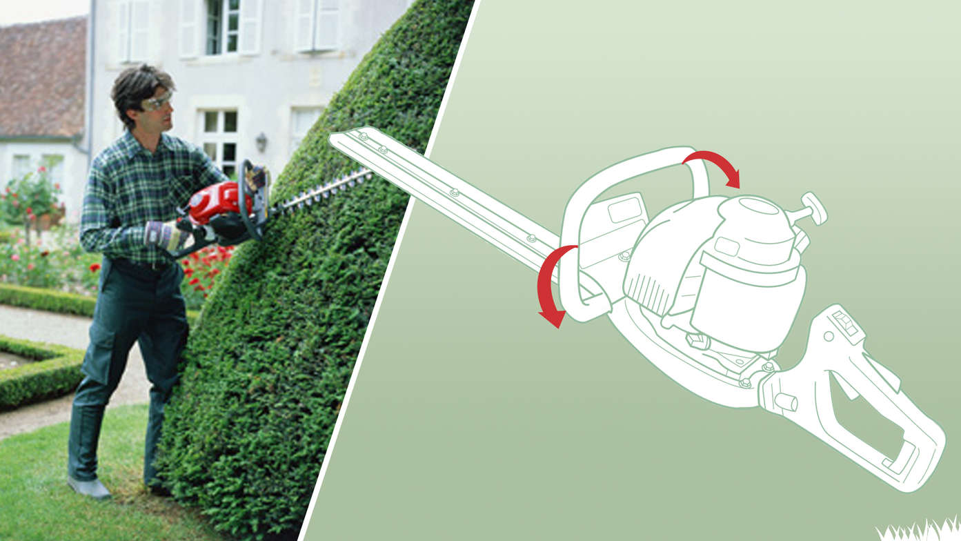 Gauche : taille-haies Honda, utilisé par un démonstrateur, dans un jardin. Droite : schéma des poignées et des commandes.