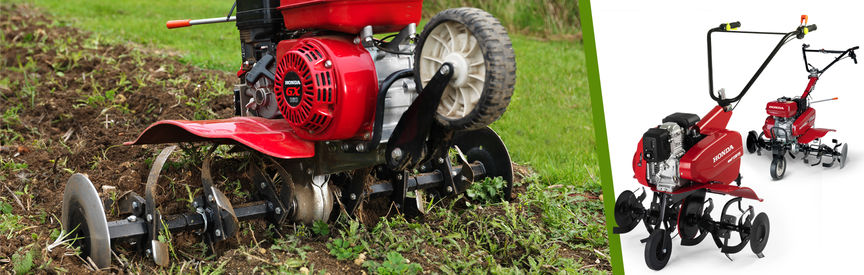 Gauche : motobineuse compacte, en fonctionnement dans un jardin. Droite : 2 motobineuses compactes Honda.