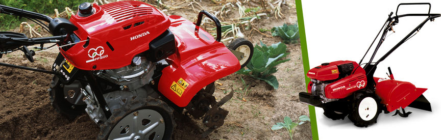 Gauche : motobineuse équipée d'outils rotatifs Honda, en fonctionnement dans un jardin. Droite : motobineuse équipée d'outils rotatifs, tournée vers la gauche.