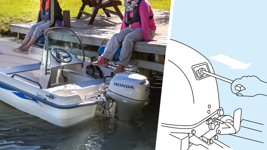 Left: Boat with Honda engine, dock location. Right: Illustration of decompression system.