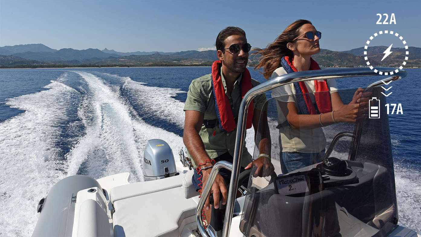 Boat using Honda engine, being used by model, lake location. Battery illustration.