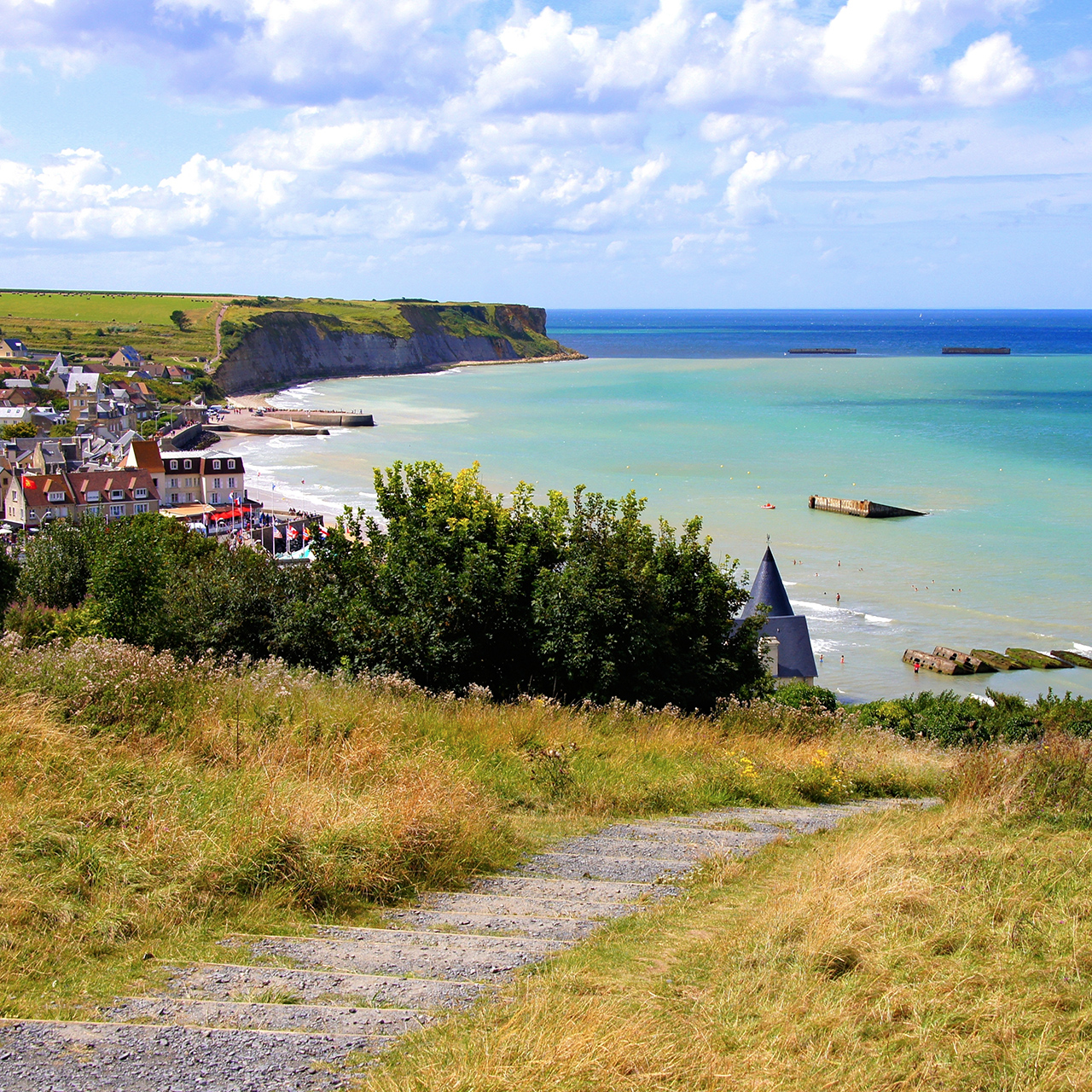 Vue sur les plages du débarquement à Arromanches-les-Bains, Normandie, France