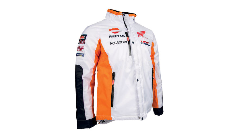 Blouson Honda blanc aux couleurs de l’équipe MotoGP, avec logo Repsol.