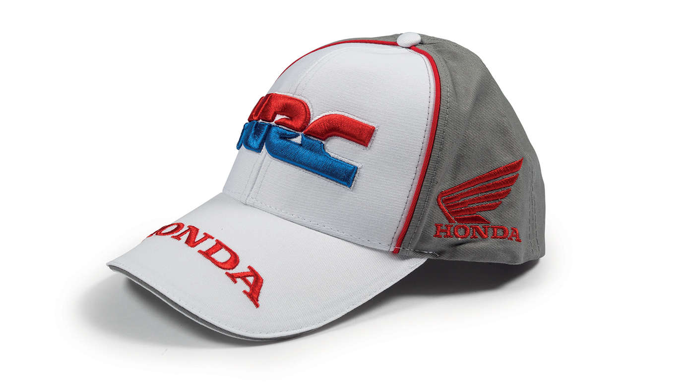 Casquette de baseball aux couleurs de l’équipe Honda HRC et logo Honda Racing Corporation.