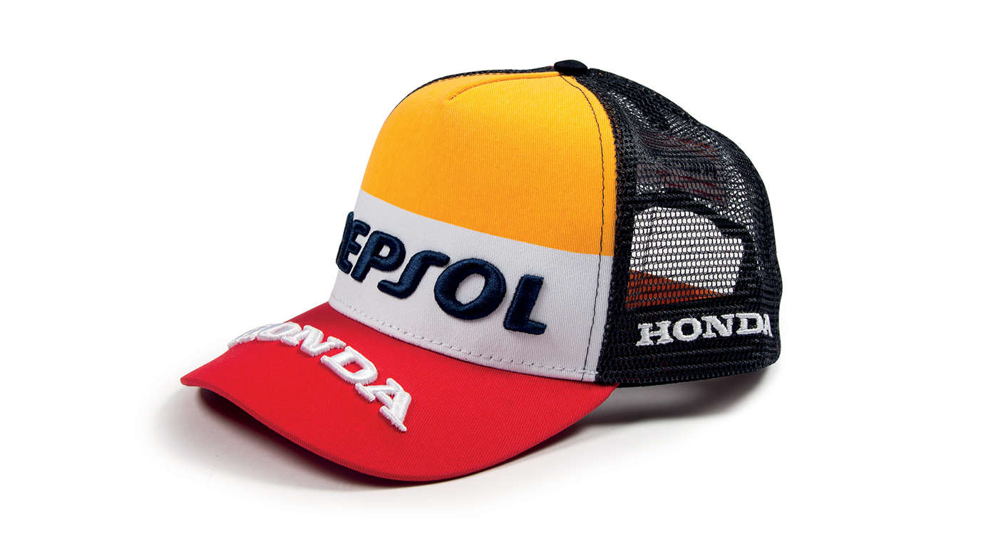 Casquette orange, blanche et rouge aux couleurs de l'équipe MotoGP Honda, avec logo Repsol.