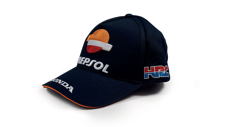 Casquette bleue aux couleurs de l’équipe MotoGP Honda, avec logo Repsol.