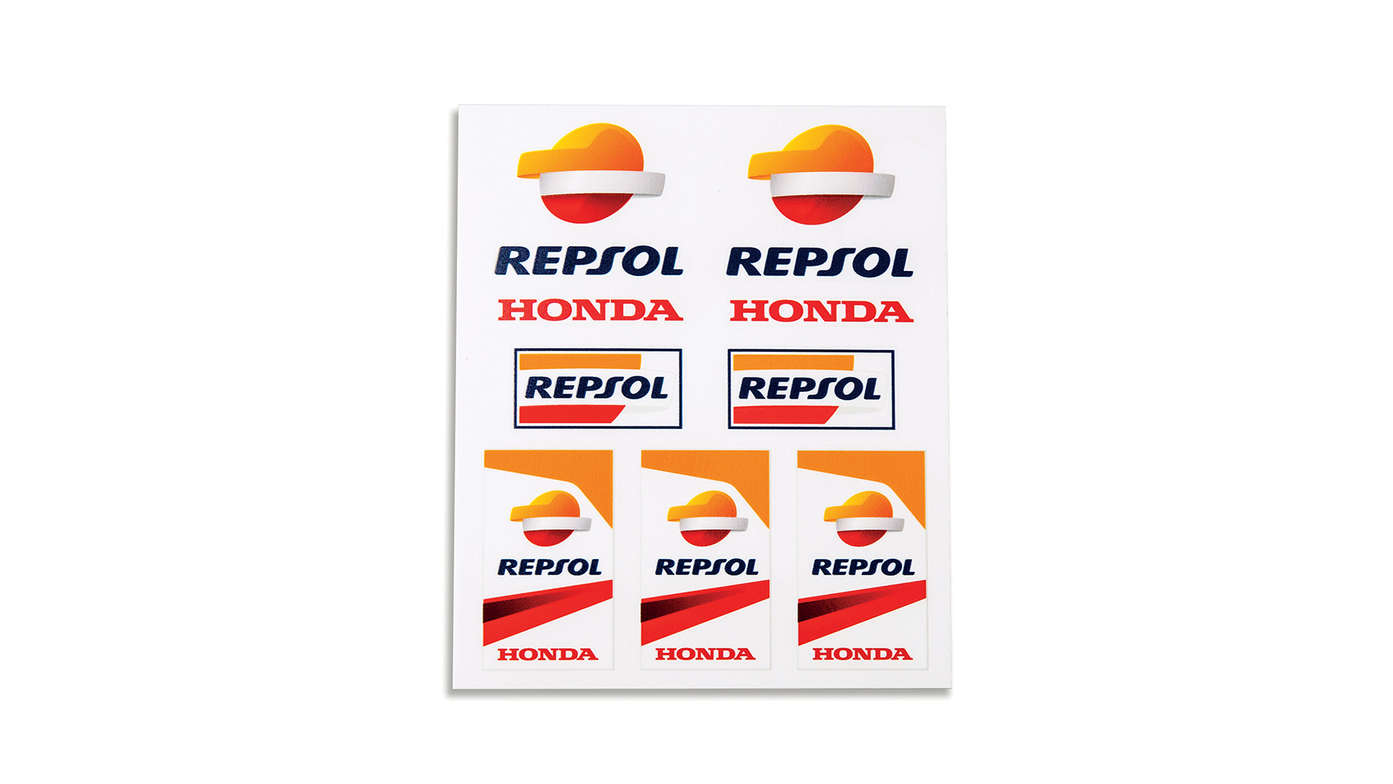 Jeu d’autocollants en vinyle Honda Repsol aux couleurs de Honda MotoGP et logo Repsol.