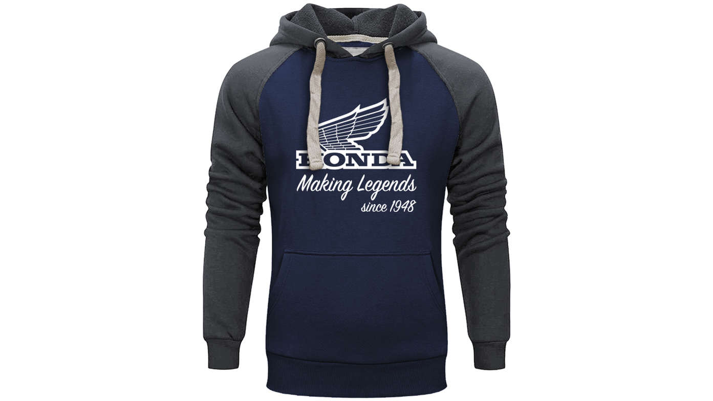Sweat à capuche vintage Honda bleu marine et gris. 