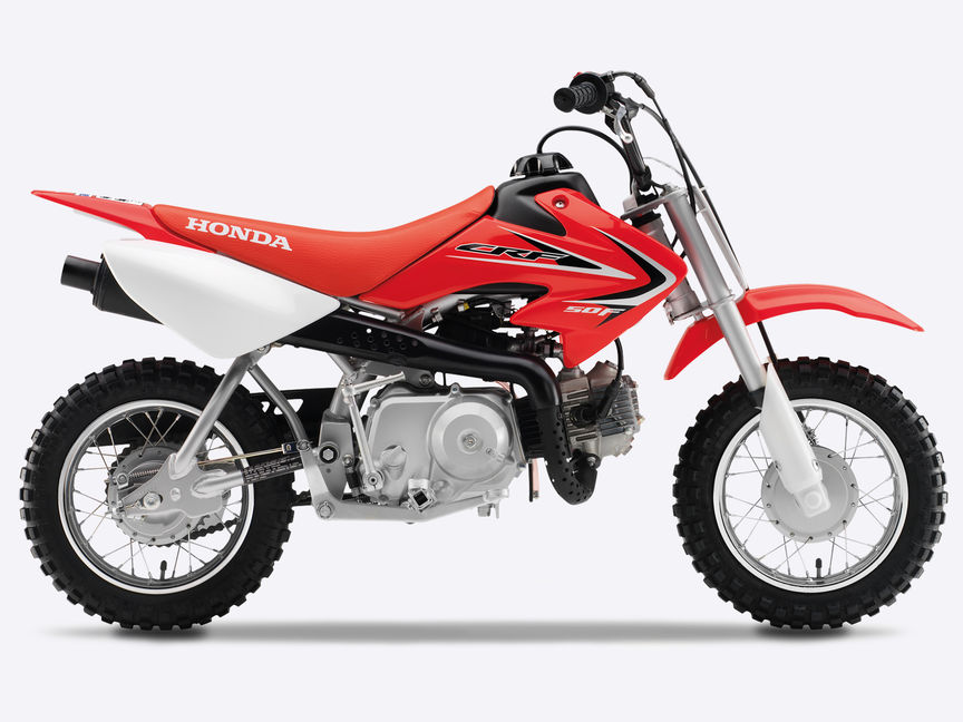 Vue latérale, côté droit de la CRF50F rouge.