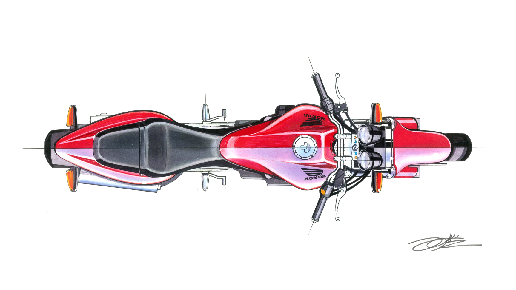 Vue de dessus des croquis de conception de la Honda Hornet.