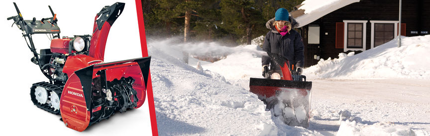 Gauche&nbsp;: fraise &agrave; neige S&eacute;rie 13, frontale trois quart, lat&eacute;rale gauche Droite&nbsp;: fraise &agrave; neige S&eacute;rie 13, utilis&eacute;e par un d&eacute;monstrateur, dans un jardin.