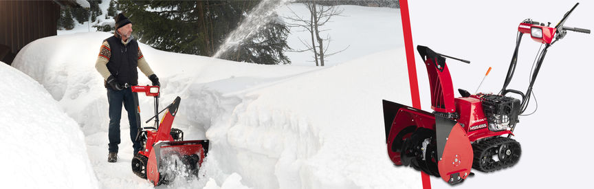 Gauche : fraise à neige Série 6 unique utilisée par un démonstrateur, dans un jardin. Droite : fraise à neige Série 6, frontale trois quart, latérale gauche