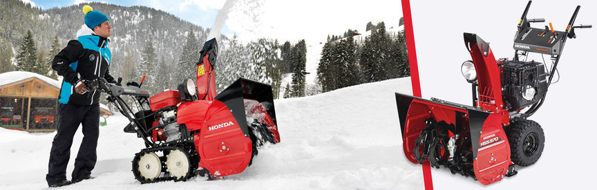 Gauche&nbsp;: fraise &agrave; neige S&eacute;rie 9 unique utilis&eacute;e par un d&eacute;monstrateur, dans un jardin. Droite&nbsp;: fraise &agrave; neige S&eacute;rie 9, frontale trois quart, lat&eacute;rale gauche