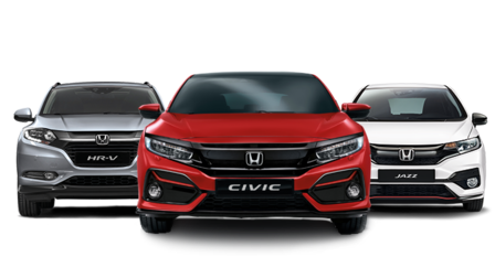 vue de face de la Honda Civic, Honda Jazz et du Honda HR-V